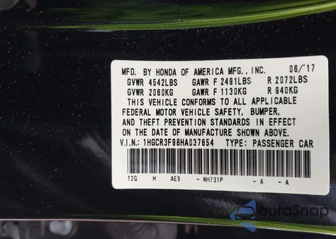 2017 Honda Accord Touring V6 z USA, uszkodzony, nr VIN 1HGCR3F98HA037654